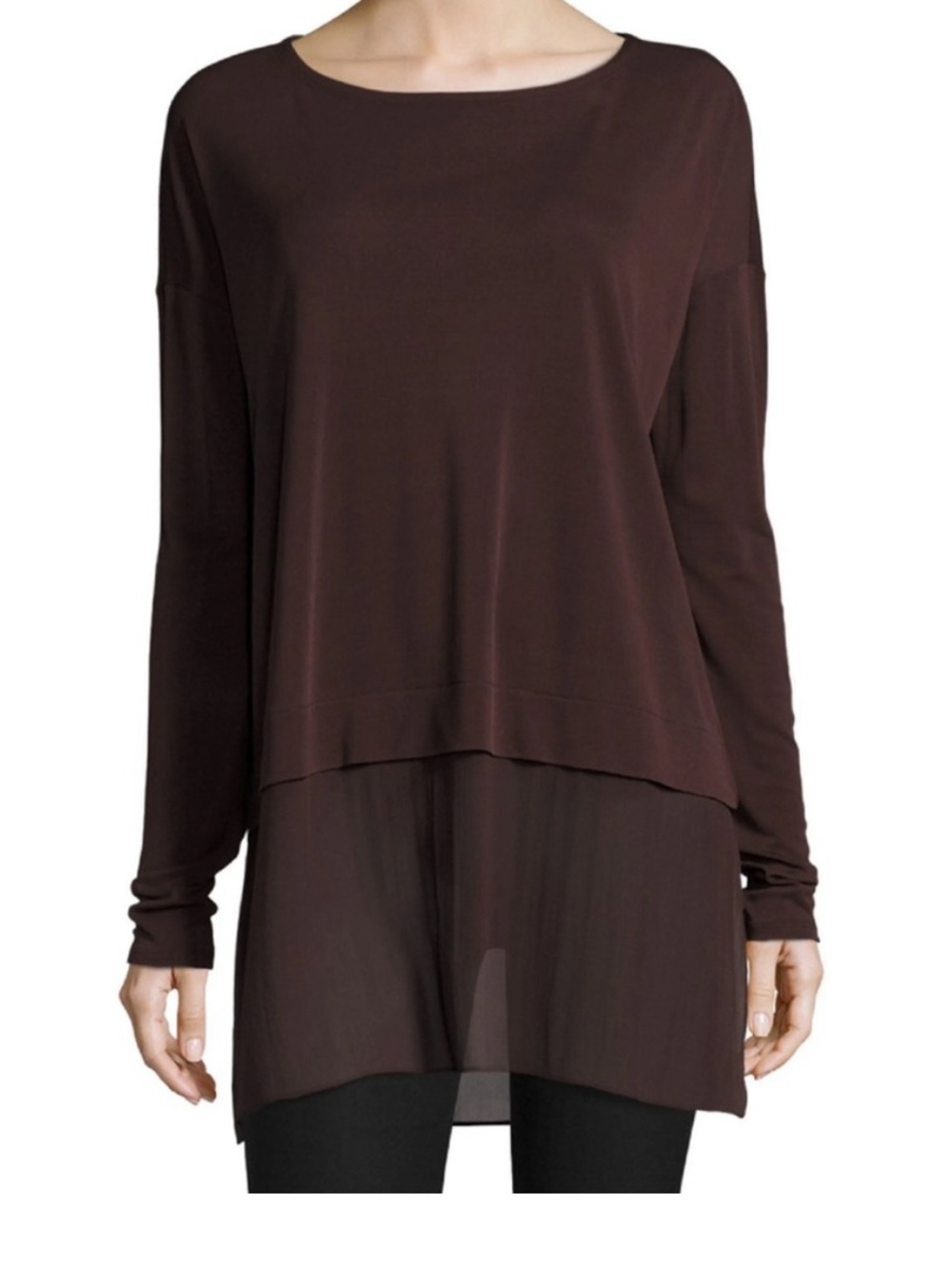 Eileen Fisher top Silk Bateau Tunic clove brown sheer hem boxy Petite Small